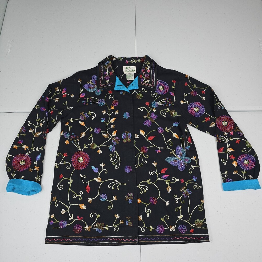 Vtg Quacker Factory S Butterflies/Flowers Art To Wear Jacket Beaded Embroidered